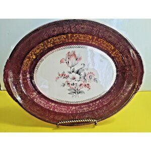 Homer Laughlin Lady Irene Oval Serving Platter Deep Maroon 22k Gold E52N8